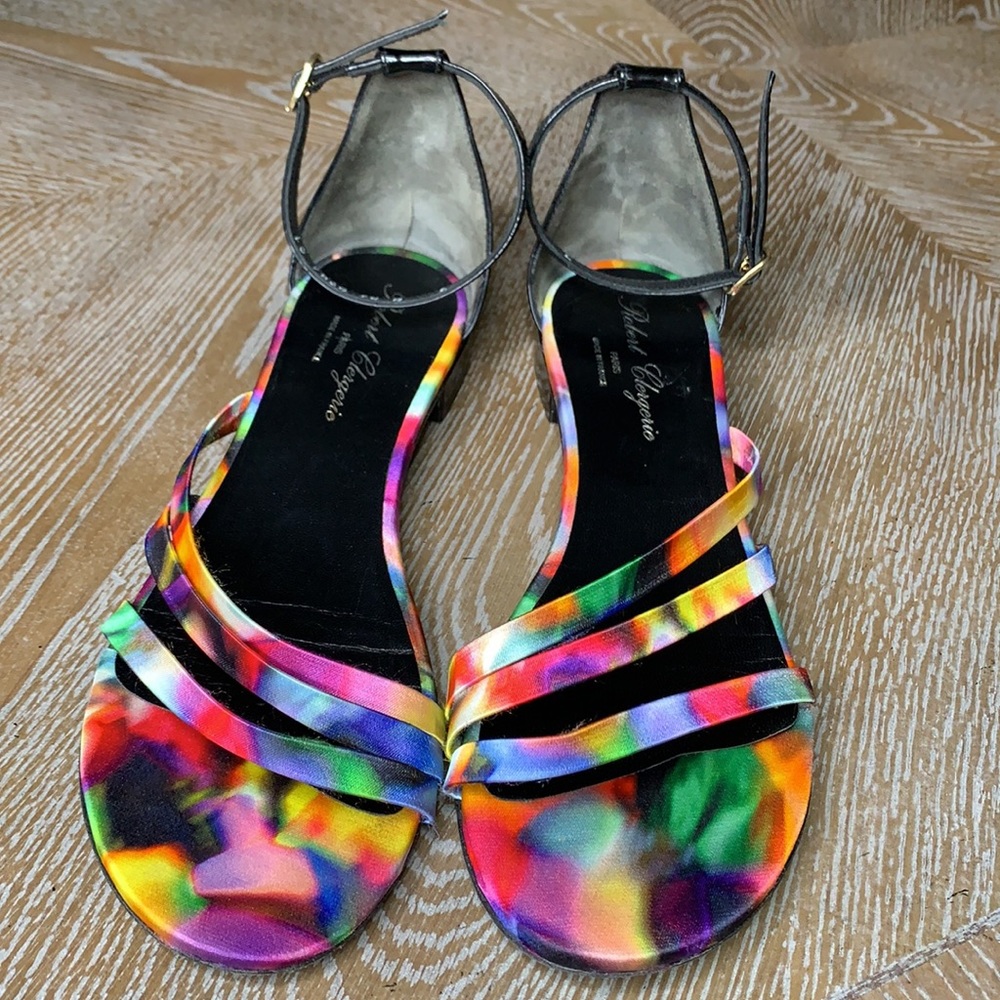 ROBERT CLERGERIE Black Strappy Flat Multi Watercolor Sandals 8.5 - Picture 2 of 11